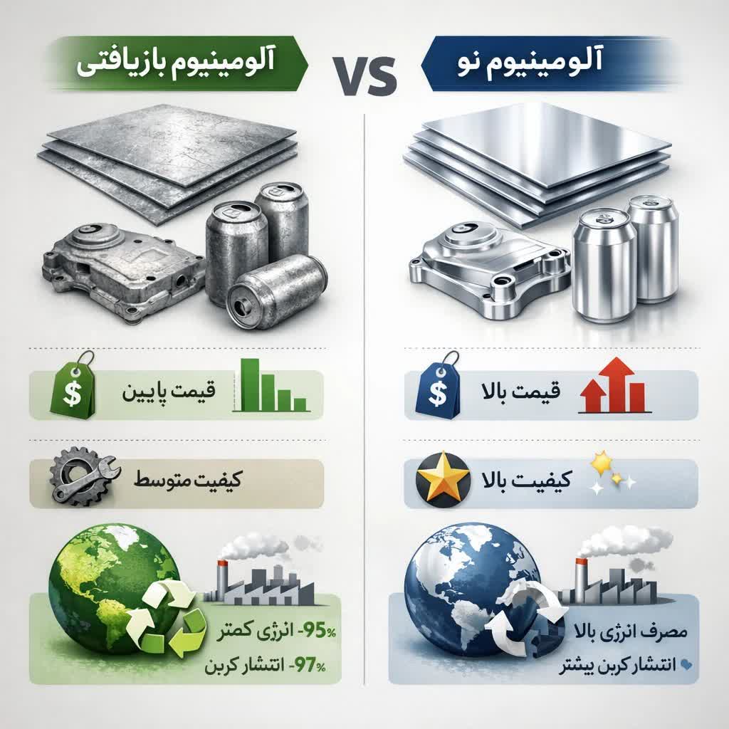 اینفوگرافیکی مقایسه آلومینیوم بازیافتی (تبدیلی) با آلومینیوم نو